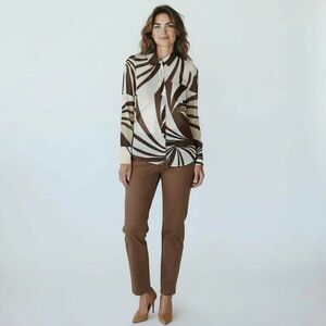 Worthington Top Women's Small Cream and Brown Spin Geo Pieced Blouse NEW